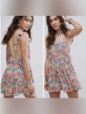 Free People Dear You Backless Mini Dress Floral Peach Blue Bohemian Festival M